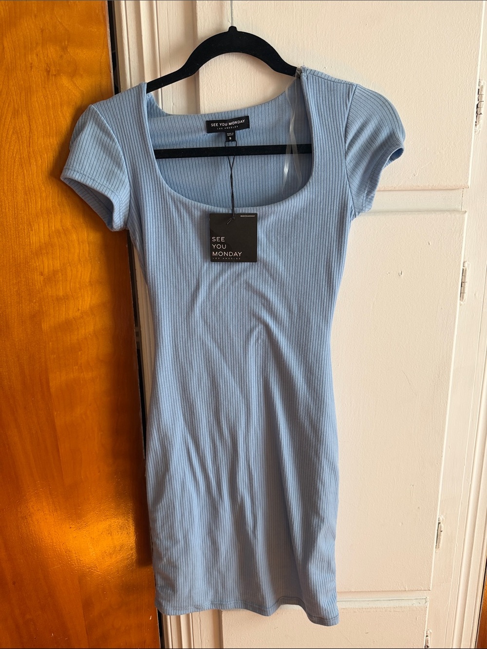 See You Monday Powder Blue Ribbed Scoop-Neck Crop Top